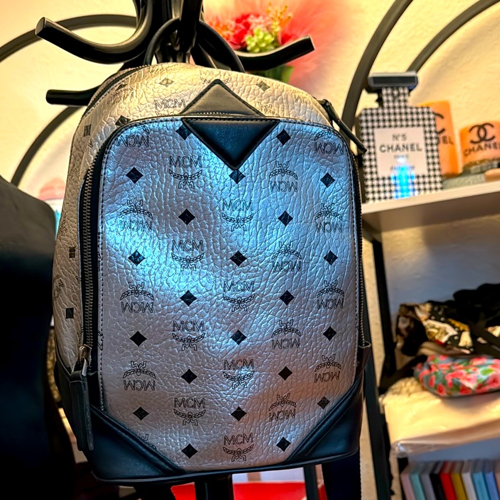 MCM authentic chrome silver & black backpack monogram w/dust bag